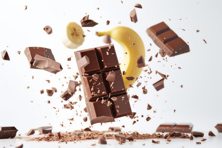 Dynamic image capturing flying banana with bursting chocolate bars and shardsの素材