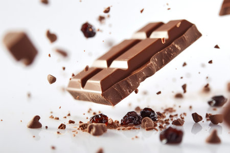 Chocolate bar with caramel chunks and shavings suspended in mid-air against white backdropの素材