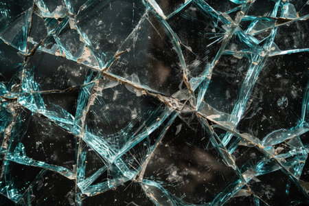 Close-up of intricate patterns in broken glass against a dark backdropの素材