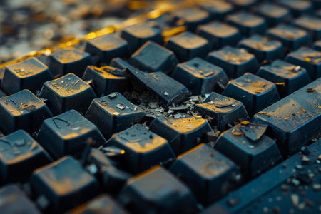 Close-up photo of a broken and dusty computer keyboard with scattered debrisの素材