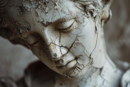Macro shot of an aged statue with weathered texture and fine cracks detailing on the faceの素材
