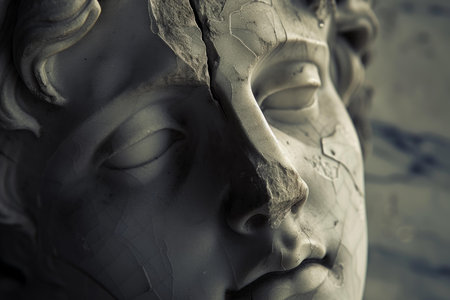 Detailed view of a weathered antique sculpture with visible cracks, showcasing texture and ageの素材
