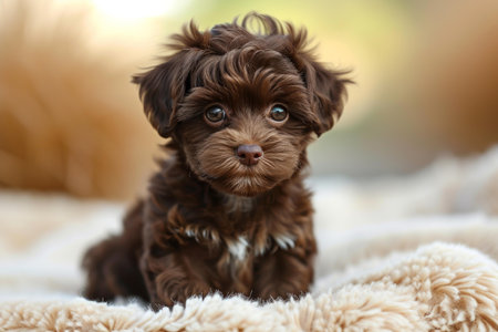 Cute brown puppy with shiny eyes sits comfortably on a soft blanketの素材