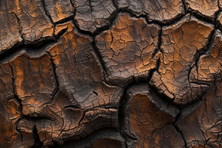 Detailed close-up of textured cracked earth background showcasing the natural patterns and rough surface caused by arid conditions. Dehydration. And droughtの素材