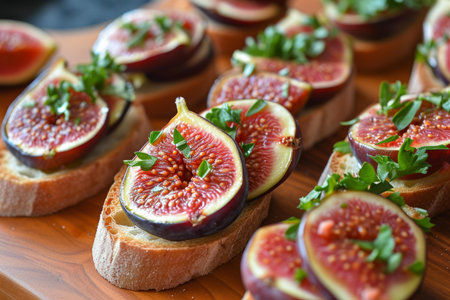 Elegant appetizers of fresh figs and arugula on toasted bread, arranged on a wooden boardの素材
