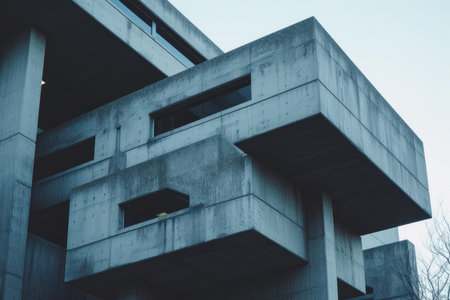 Close-up view of a contemporary brutalist building with stark lines and geometric shapesの素材