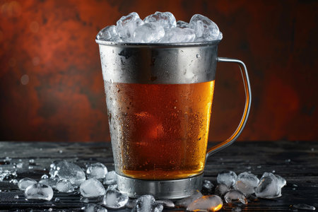Refreshing cold beer served in a frosty mug surrounded by ice cubes on a wooden surfaceの素材