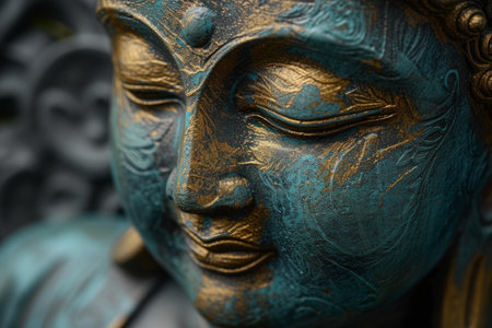 Detailed close-up of a serene buddha face with a patina finishの素材