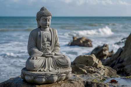 Tranquil buddha statue meditates on rocky coastline with waves in the backgroundの素材