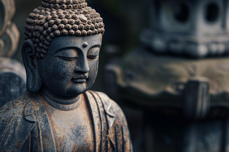 Tranquil close-up of a buddha statue with a blurred background, evoking peace and meditationの素材