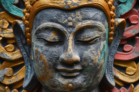 Close-up of a textured, colorful carved buddha face, showing artistic craftsmanship and serene expressionの素材