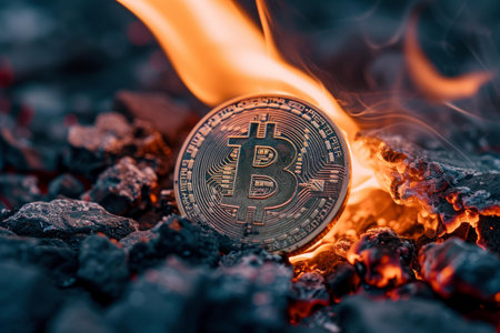 The volatile and fiery market of bitcoin, a digital cryptocurrency, is burning with instability and risk, making it a hot investment concept in the economic and financial worldの素材
