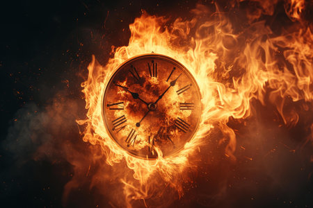 Vintage clock engulfed in intense flames, symbolizing urgency or time running outの素材