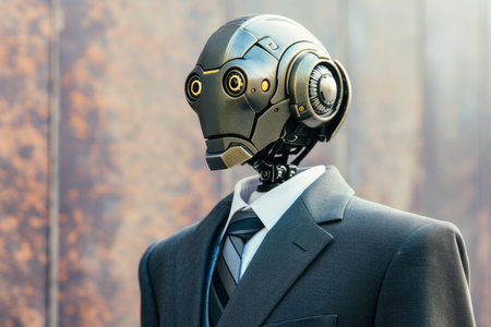 Humanoid robot dressed in a stylish suit posing against a modern metal backgroundの素材
