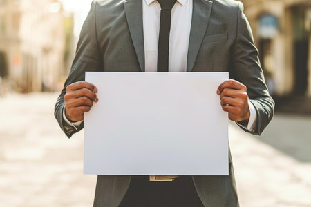 Cropped view of a man in a suit holding an empty signboard on a sunny streetの素材