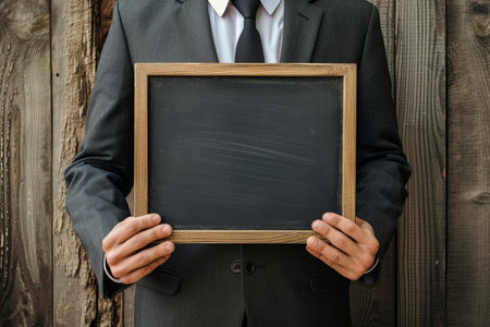 Professional in a suit displaying an empty chalkboard for messages or advertisingの素材
