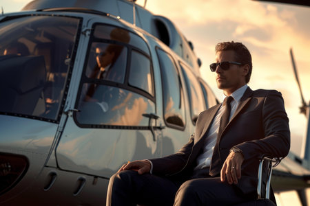 Suave executive seated by a private helicopter, displaying luxury lifestyle and successの素材