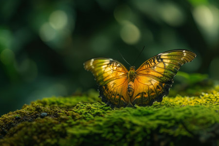 Vibrant butterfly rests gracefully on a lush green moss, bathed in natural lightの素材