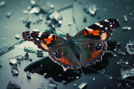 Close-up of a colorful butterfly on shattered, broken glass, symbolizing resilience and hope in the face of destruction and adversityの素材