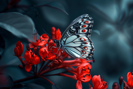 Ethereal butterfly with intricate patterns rests on fiery red blooms against a moody blue backdropの素材