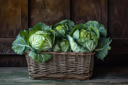 Variety of fresh cabbages and broccoli heads nestled in a wicker basket against a wooden backdropの素材