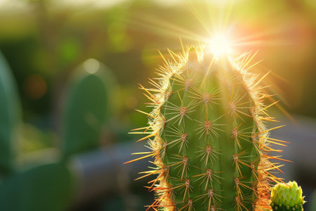 Close-up of a cactus with sunlight flaring beautifully during the golden hourの素材