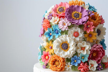 Exquisitely decorated cake with colorful fondant flowers on a clean backdropの素材