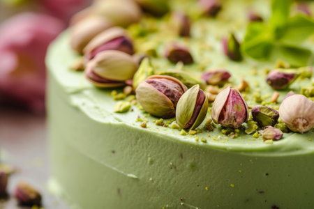 Close-up of a green pistachio cake topped with whole nuts and dustの素材