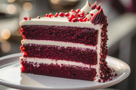Delectable slice of red velvet cake with cream frosting on a white plateの素材