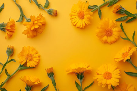 Top view of bright yellow marigold flowers and buds on a vivid yellow backgroundの素材