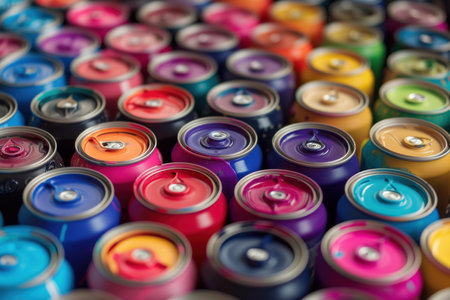 Vibrant collection of spray paint cans captured in a shallow depth of fieldの素材