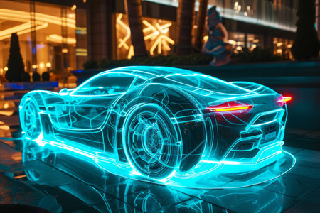 Hightech concept sports car with neon blue wireframe design illuminated on an urban night backdropの素材