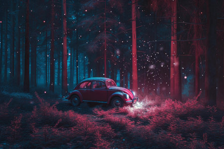 Classic car illuminated under a mystic blue forest canopy with magical sparklesの素材