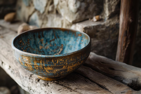 Vintage bowl with blue glaze and gold accents on an aged wood backdropの素材