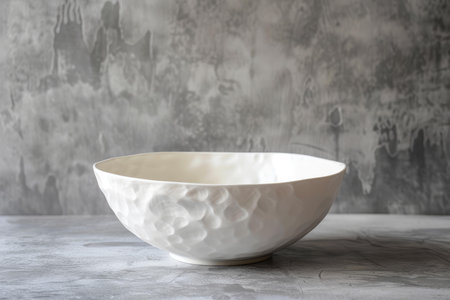 Simple yet stylish white bowl on a gray, textured surface with a moody backdropの素材