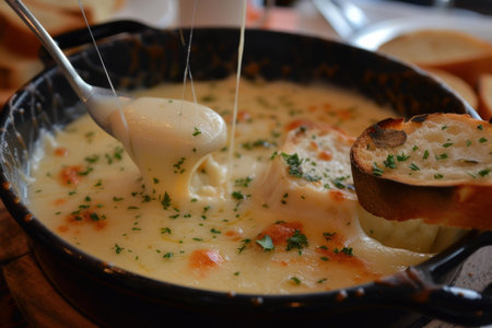 Closeup of delicious cheese fondue served with a slice of crusty breadの素材