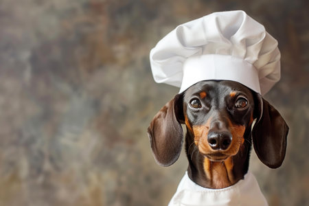 Adorable dachshund dressed as a chef with a professional hat on a blurred kitchen backgroundの素材
