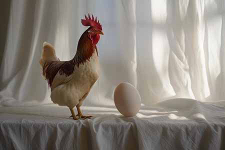 Majestic rooster stands next to a single egg with soft natural light streaming through sheer curtainsの素材
