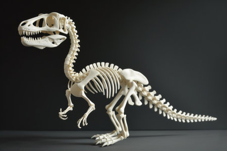 Side view of a detailed tyrannosaurus rex skeleton model isolated against a dark backdropの素材