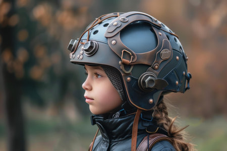 Side portrait of a child wearing a leather steampunk helmet with goggles, outdoorsの素材