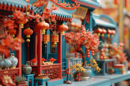 Vibrant and detailed miniature display of a classical chinese street, adorned with cultural decorationsの素材