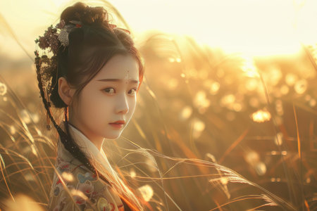 A serene young woman in elegant traditional clothing, bathed in golden sunset lightの素材