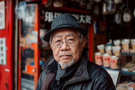 Elderly asian man in stylish hat posing in front of a traditional market stallの素材