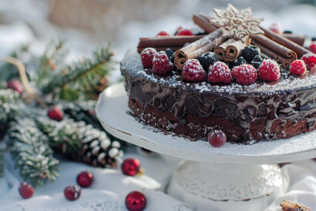 Delectable chocolate cake adorned with fresh berries, cinnamon sticks, and a dusting of powdered sugar set in a winter sceneの素材