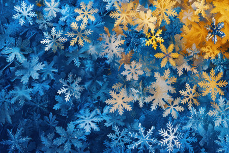 Vibrant background with intricate snowflakes in hues of blue and golden yellowの素材