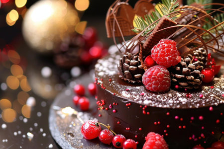 Elegant chocolate cake adorned with fresh raspberries, pine cones, and holiday baubles on a sparkling backgroundの素材