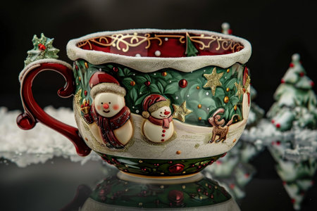 Decorative christmas mug adorned with painted snowmen and holiday motifs on a dark backdropの素材