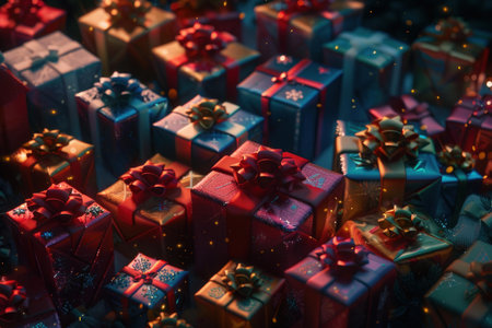 Assortment of colorful gift boxes with bows under soft lightingの素材