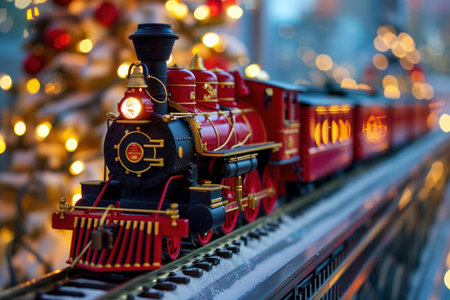 Vibrant toy train with illuminated details against a bokeh background of twinkling lightsの素材
