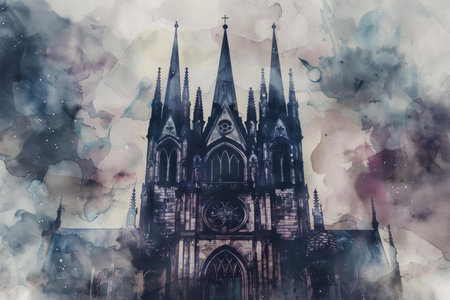 Artistic watercolor representation of a gothic style cathedral, blending fantasy and architectureの素材